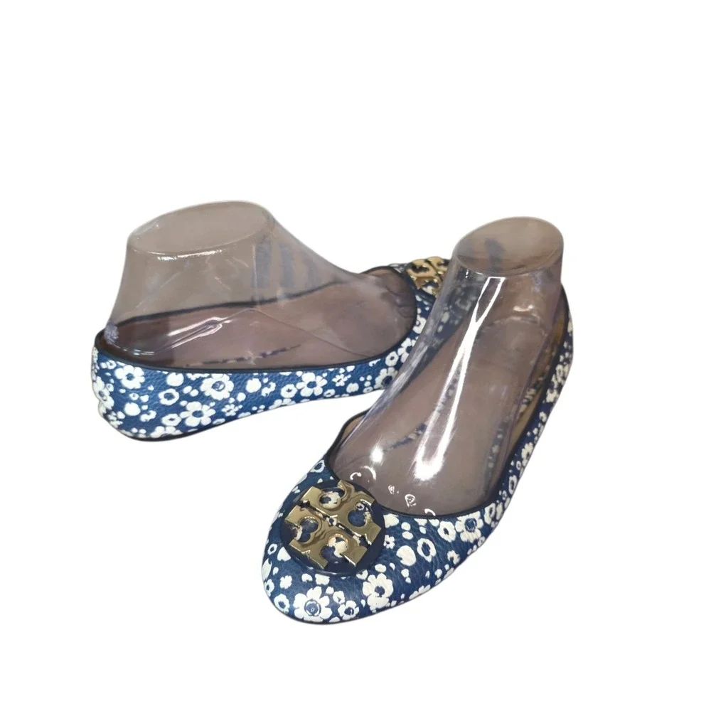 Tory Burch Claire Womens 7 Blue White Floral Logo Leather Ballet Flats